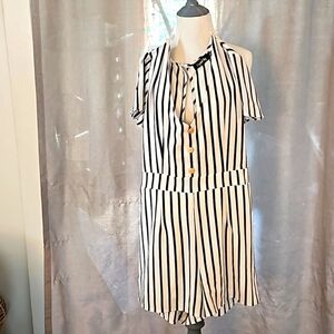 Crystal‎ Sky Juniors Romper Size 13 White Black Stripe Tie Waist Faux Buttons